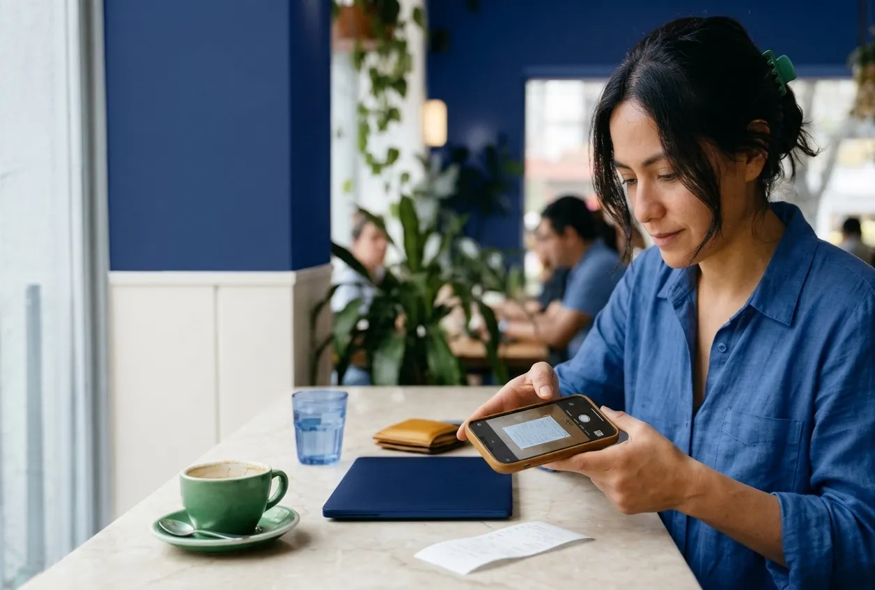 Mujer fotografiando su ticket con el celular en una cafetería